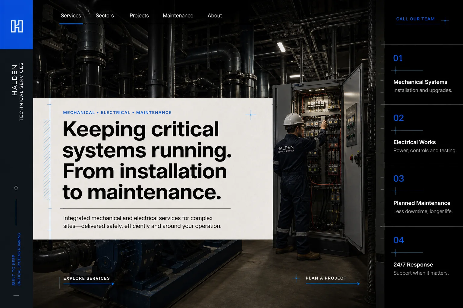 Concept homepage for Halden Technical Services, a mechanical and electrical installation and maintenance website