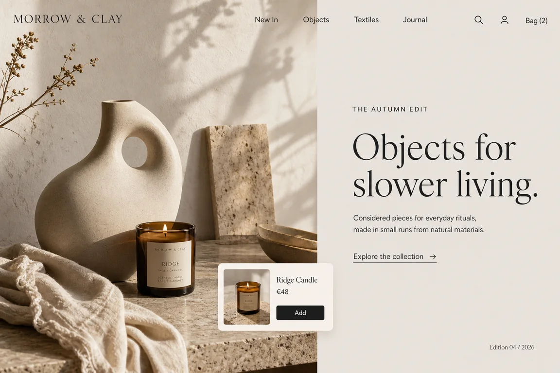 Concept storefront for Morrow & Clay, a consumer brand running on Odoo