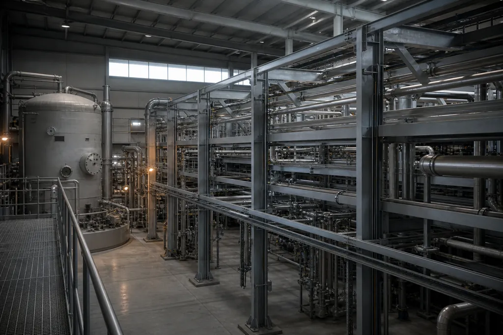 Steel structure and pipework going up inside an operating process facility